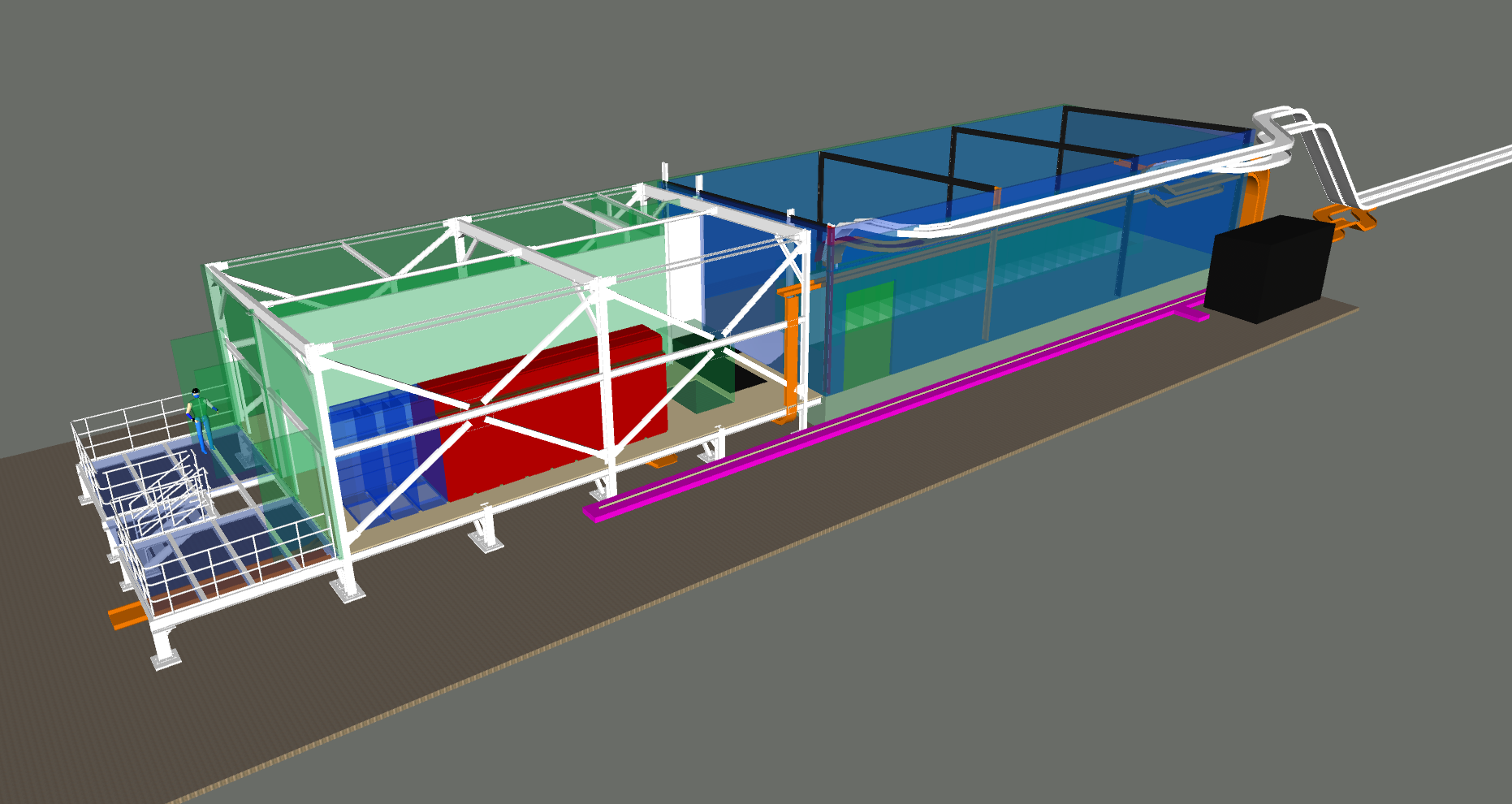3D model of the switchroom extension with existing and new structures highlighted.
